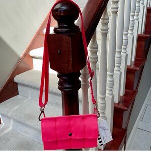 NWT Esby Foldover Crossbody Fluorescent Pink Clutch Seat Belt Bag Racing Cars